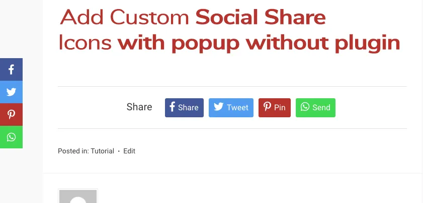 Add custom Social share icons with popup without plugin in WordPress